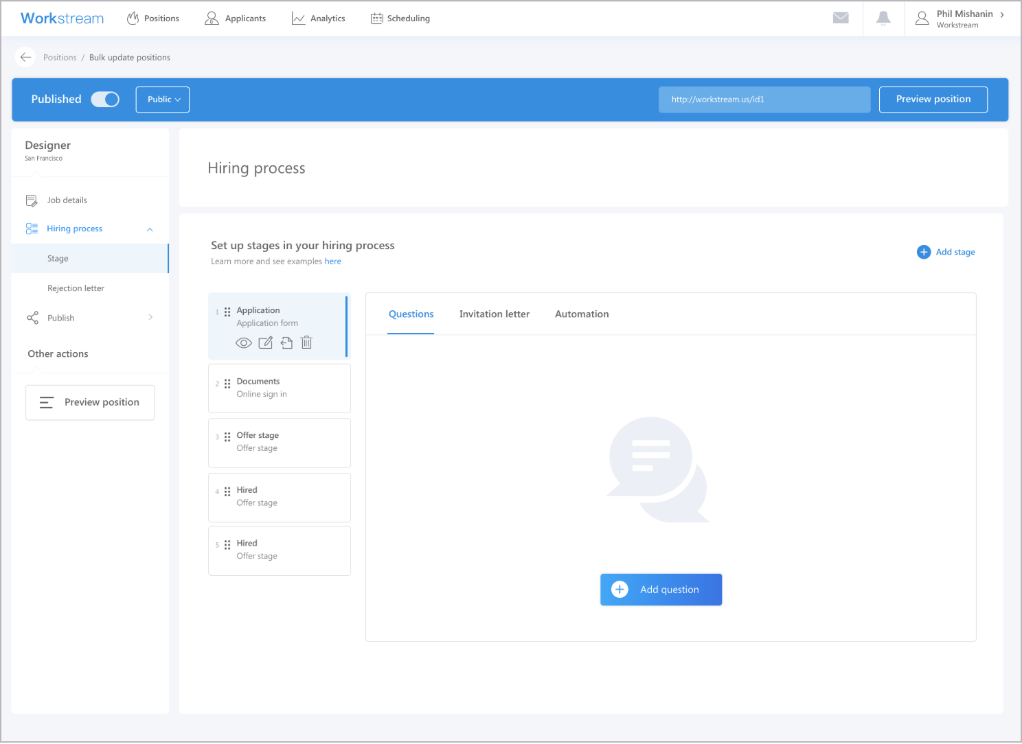 Workstream applicant tracking system customizable hiring stages